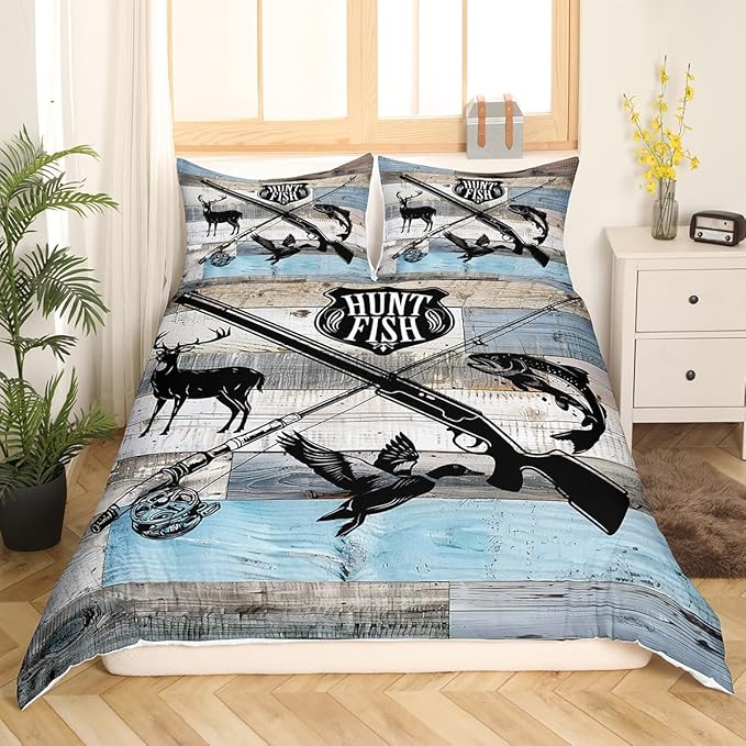 Hunt Fish Duvet Cover Set King Size,Deer Bird Fish Animal Hunting Comforter Cover with 2 Pillowcases,Rustic Farmhouse Barn Board Modern Soft Bedding Set (No Comforter), for Adult Bedroom Xmas Gift