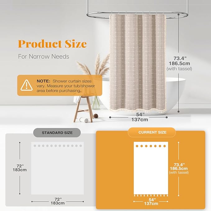 BTTN Stall Fabric Shower Curtain - 54x72 Inches Boho Linen Heavy Duty Tassel Shower Curtain Set with 10 Hooks, Narrow Rustic Modern Farmhouse Neutral Thick Shower Curtains for Bathroom - Taupe/Tan