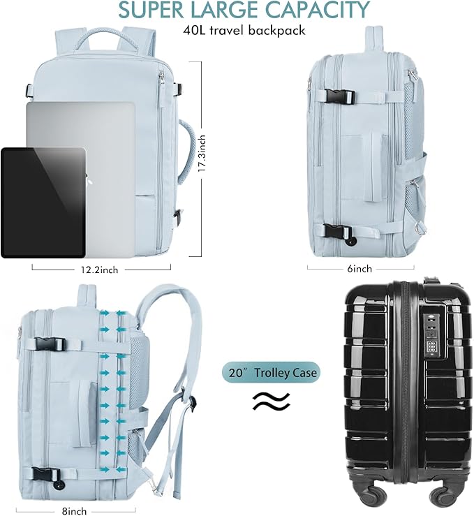 Beraliy Large Travel Backpack Women, Airline Approved Backpack, Carry On luggage, 17 inch Laptop Backpack, Waterproof Business Hiking Bag, Light-blue