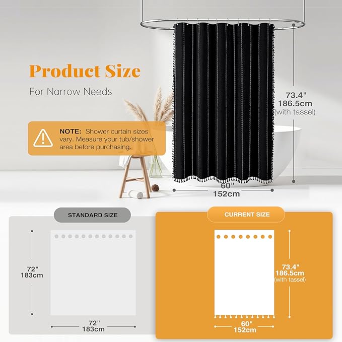 BTTN Stall Shower Curtain - 60x72 Narrow Boho Farmhouse Linen Vintage Striped Fabric Shower Curtain with 10 Hooks, Bohemian Cottage Decorative Heavy Duty Shower Curtains for Bathroom - Black and White