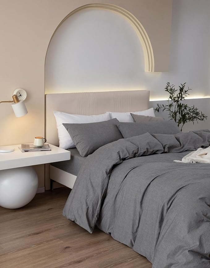 JIYUAN 100% Washed Cotton Duvet Cover Set 3 Pieces Queen, 1 Duvet Cover 90x90 Inches (Comforter Not Included) and 2 Pillowcases,Linen Feel Bedding Set Comfy and Breathable, Heathered Dark Grey