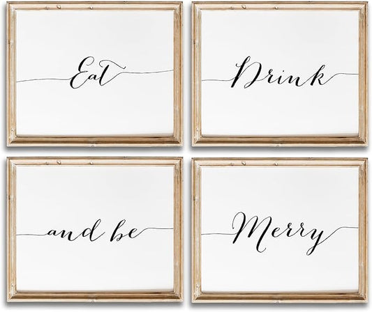 Eat Drink and Be Merry Wall Decor Art Prints (Set of 4) - Unframed - 11x14 | Stylish and Festive Kitchen Decor | Modern and Elegant Prints to Enhance Your Home's Ambiance | Dining Room Wall Decor