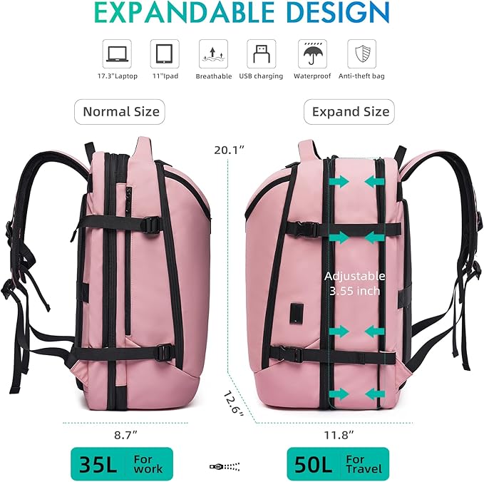 Travel Backpack for Women, 50L Carry On Backpack, Expandable Flight Approved Water Resistant Luggage with 3 Packing Cubes & USB Port, Laptop Backpack Fits 17.3 Inch Notebook