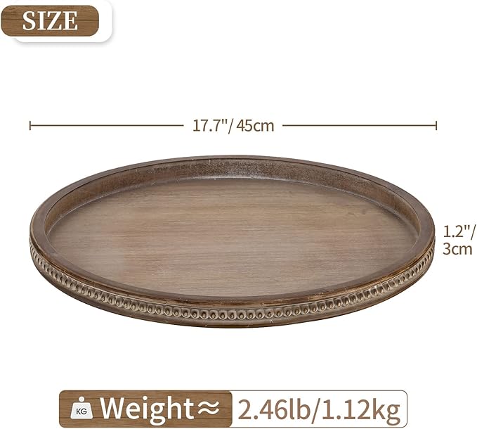 Hanobe Large Round Decorative Tray: Coffee Table Beaded Trays Rustic Wood Trays Decor Farmhouse Ottoman Circle Vintage Centerpiece Wooden Serving for Living Room Home for Counter, Brown