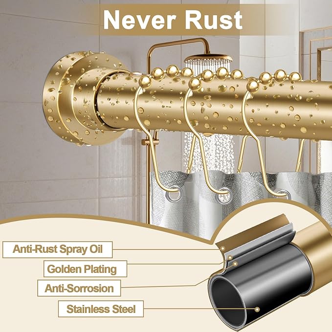 YNL Tension Shower Curtain Rod 34-96 Inches（2.8-8ft) Adjustable Spring Shower Rod No Drilling, Non-Slip, Never Rust, Stainless Steel, Suitable for Bathroom Window Kitchen, Gold