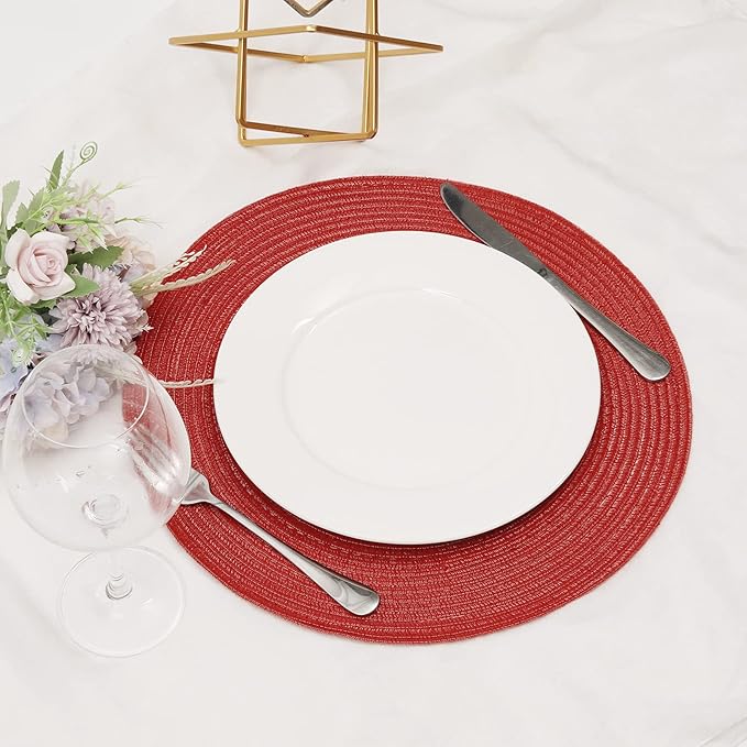 SHACOS Round Placemats Set of 6 Braided Cotton Polyester 15 inch Washable Place Mats for Dining Tables Christmas Table Mats Home Wedding Party Table Decor (Red, 6)