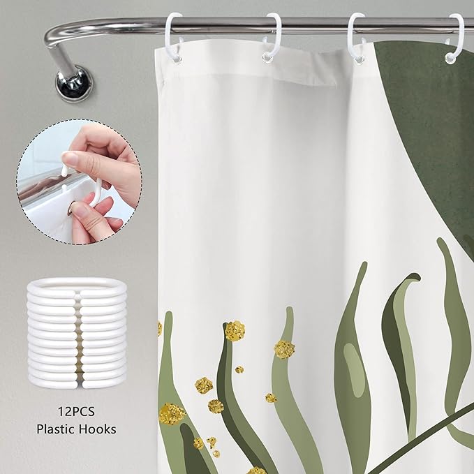 Green Pink Boho Shower Curtain 72Wx72H Modern Bohemian Abstract Sage Green Gold Leaves Plant Botanical Minimalist Bathroom Decor Geometric Neutral Bath Curtain Fabric Polyester 12 Pack Hook