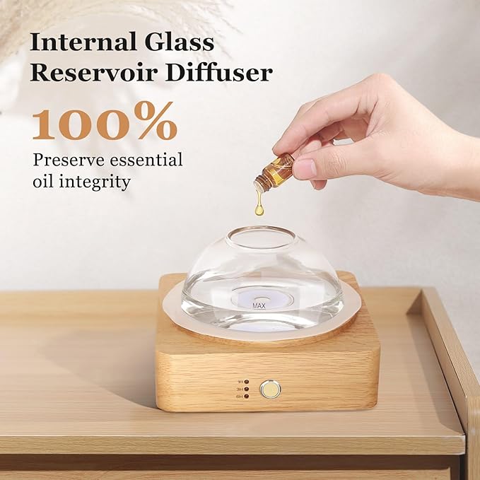 Glass Essential Oil Diffuser with Glass Reservoir & Wood Base, 200ml Ultrasonic Lock Color Timer Auto-Off 7 Color Light Aroma Glass Dome Diffuser for Home Office Bedroom Yoga
