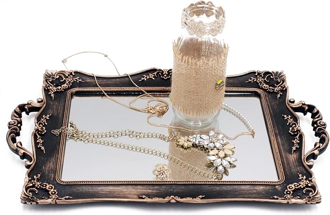 Antique Decorative Gold Framed Square Mirror Tray, Jewelry & Cosmetics Organizer for Dresser, Square - 9.5" W x 14.5" L (Bronze)
