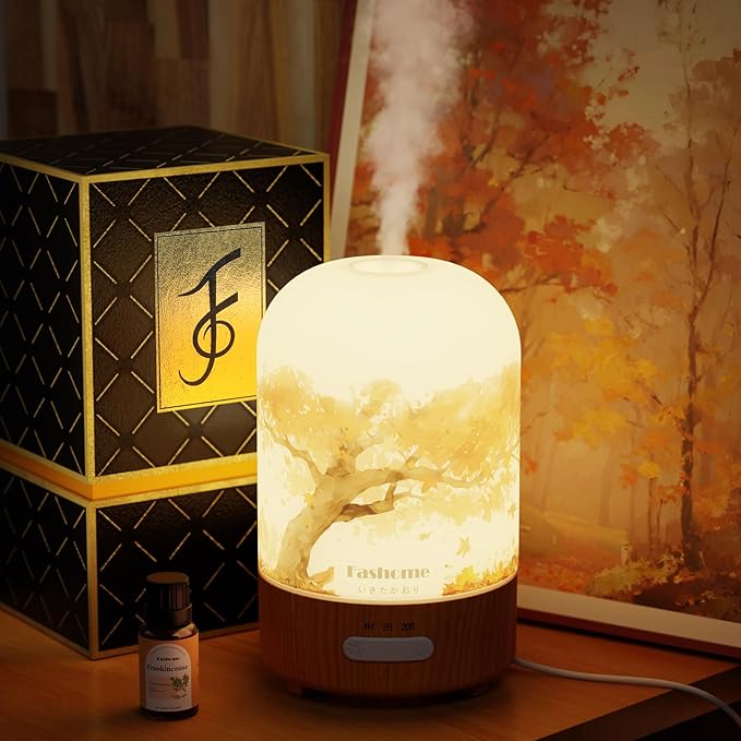 Glass Essential Oil Diffuser with Frankincense Oil, 100ml Ultrasonic Aromatherapy Humidifier, 6 in 1 Scent Vaporizer with Timer and Auto-Off (Autumn-Frankincense)