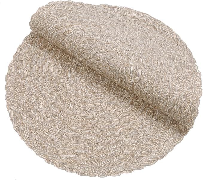 SHACOS Round Braided Placemats 15 inch Set of 6 Thick Boho Kitchen Table Placemats for Home Wedding Party (T-Beige, 6)