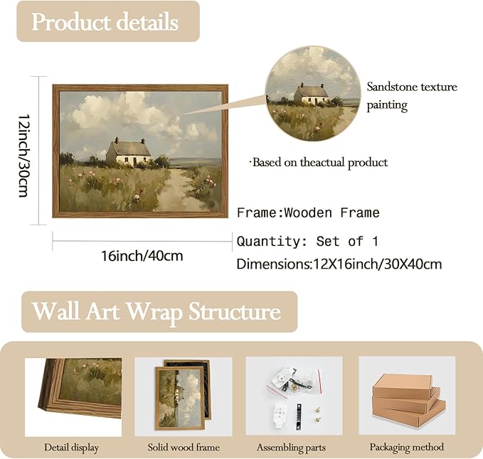Vintage Farmhouse Wall Art, Country Cottage Wall Decor Paintings, Framed 3D Textured Hand Drawn Sandstone Natural Countryside Landscape Artwork for Bedroom Living Room 12x16 inch Wood Frame