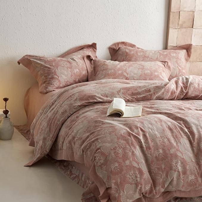 mixinni Duvet Cover Queen, Premium Cotton Double-Layer Yarn Pink Floral Jacquard Comforter Cover with Edge Design, Farmhouse Bedding Set with 2 Pillowcases Perfect for Him and Her-Queen Size