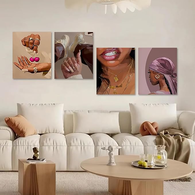 4 PCS Fashion Black Woman Aesthetic Poster Set Empowering Trendy Wall Art Abstract Black Girl Painting Magic Canvas Picture Prints for Bedroom Living Room Beauty Salon Office Decor 16x24 Inch Unframed