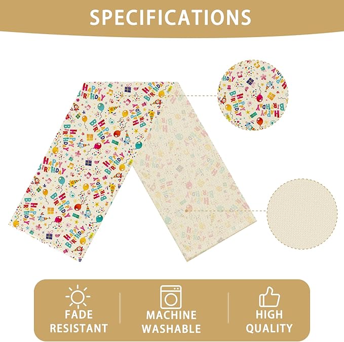 Happy Birthday Table Runner Seasonal Spring Fall Kitchen Dining Linen Table Decoration for Indoor Outdoor Home Party Dinner 13x72 Inch