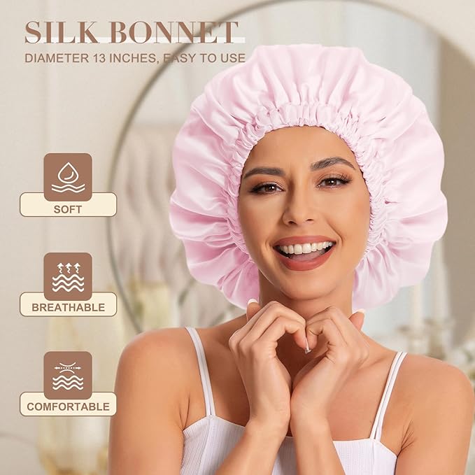 Satin Bonnet Silk Bonnet Hair Bonnet for Sleeping-Slouchy Beanie Hat Satin Sleep Cap for Women's Natural & Curly Hair(Pink)