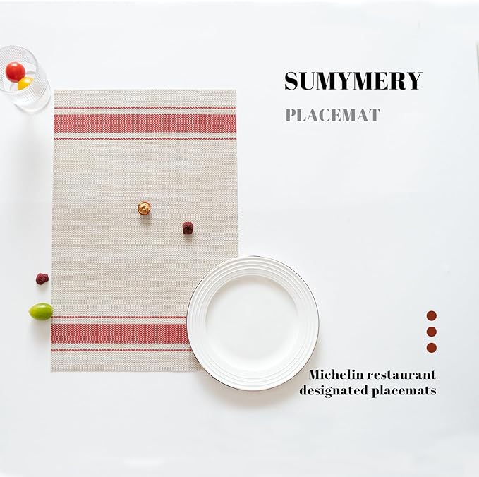 Placemats Set of 4 Vinyl/Plastic Woven Place Mats for Kitchen Table Indoor/Outdoor Washable Placemat Wipeable Dining Table Mats (Khaki Red,4)
