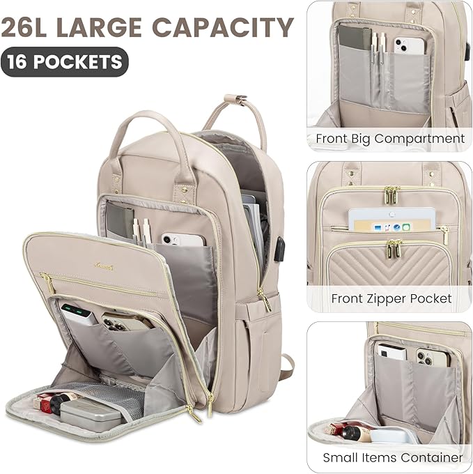 LOVEVOOK Laptop Backpack for Women, Water Resistant Travel Work Backpacks Purse Stylish Business Teacher Nurse Computer Bag with USB Charging Port,Pink Gray