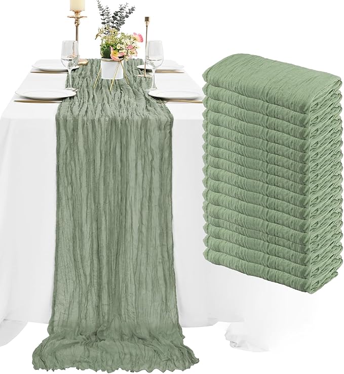 16 Pack Cheesecloth Table Runner, 35x120 Inch Boho Gauze Table Runners, Cheese Cloth Long Table Runner Elegant Table Runners for Party Wedding Bridal Shower Table Decor (Sage Green)