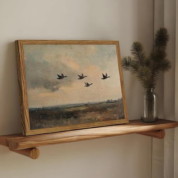 Vintage Flying Duck Wall Art, Rustic Landscape Wall Decor Retro Bird Painting Nature Wilderness 3D Textured Hand Drawn Sandstone Artwork Aesthetics for Bedroom Living Room 16x24 inch Wood Framed