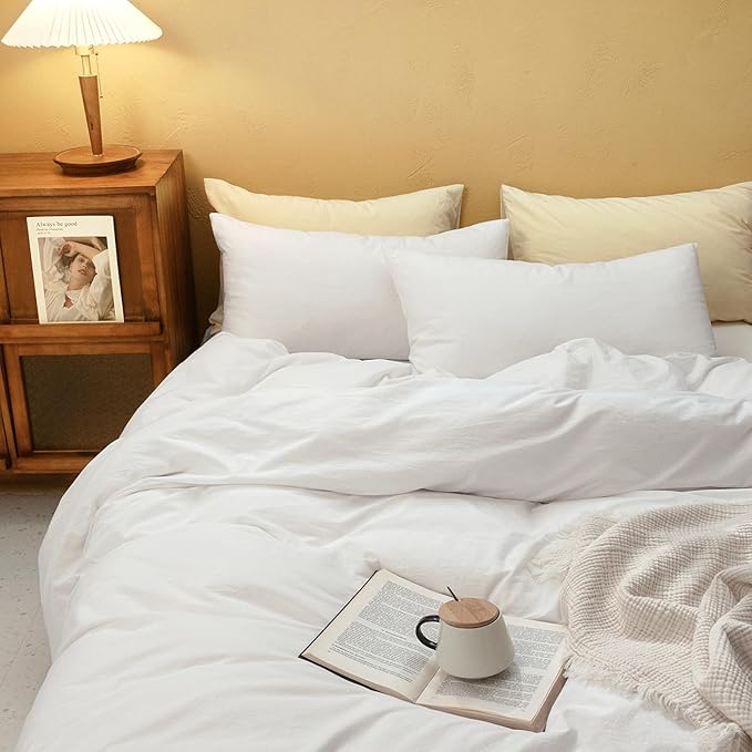 FOSSA White Duvet Cover Set, 100% Washed Cotton Linen Feel Super Soft Breathable Cozy 3 Pieces Bedding Sets Solid Off White Super King Plus