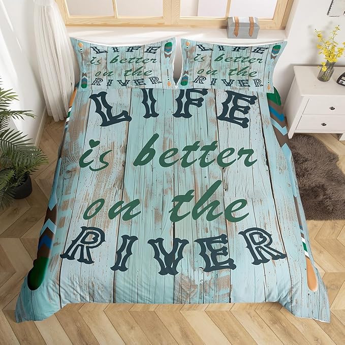 Castle Fairy Lake Life Duvet Cover Twin Size,Life is Better On The River Comforter Cover Set for Kids Boys Girls,Paddle Print Retro Wooden Board Bedding Quilt Cover Set Bedroom Decor, 2 Pieces