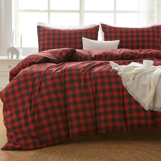 MUXHOMO Duvet Cover Queen Size Floral Duvet Cover Set with Zipper Closure, Red Plaid Bedding Set, 3 Pieces, 1 Duvet Cover 90"x90" with 4 Corner Ties and 2 Pillowcases 20"x30"