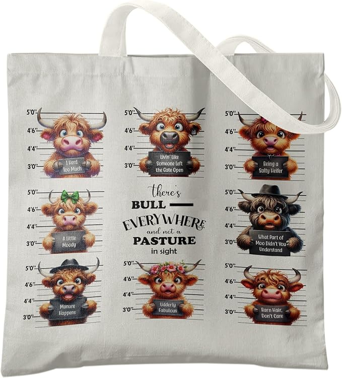 Western Highland Cow Canvas Tote Bag - Highland Cow Lover Gifts,Canvas Shoulder Bag for Women for Girls