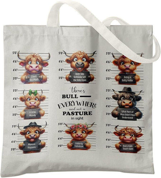 Western Highland Cow Canvas Tote Bag - Highland Cow Lover Gifts,Canvas Shoulder Bag for Women for Girls