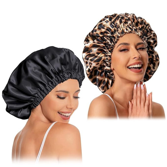 Satin Bonnet Silk Bonnet Hair Bonnet for Sleeping-Slouchy Beanie Hat Satin Sleep Cap for Women's Natural & Curly Hair(Black&Leopard)