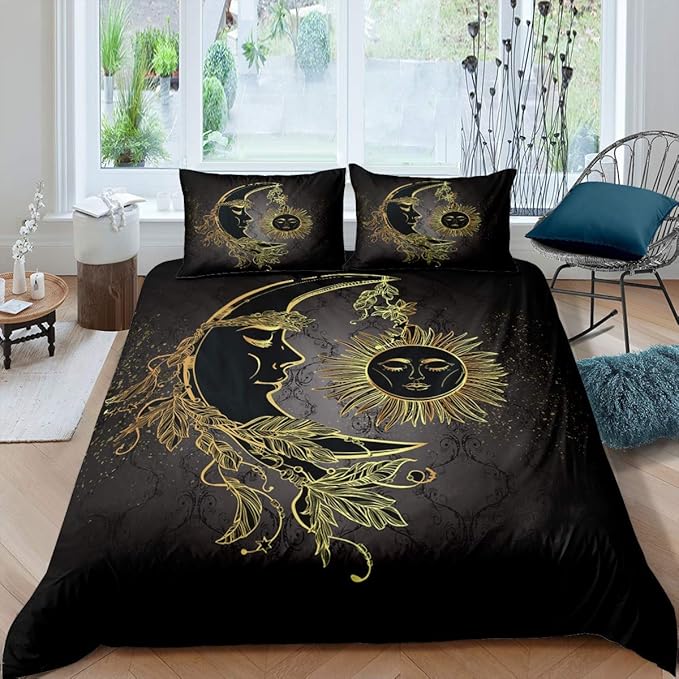 Feelyou Sun and Moon Printed Bedding Set Bohemian Tribal Duvet Cover for Kids Adults Boho Exotic Comforter Cover Galaxy Astrology Bedspread Cover Bedroom Collection 3Pcs King Size