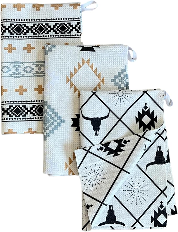 || 3 Pack|| Double Sided || Not Your Ordinary Dish Towels || Waffle Weave Microfiber|| Highly Absorbent || Hanging Loop || Dish Cloths || Modern || Designer Prints (Aztec)