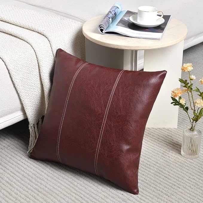 Fancy Homi 2 Packs Burgundy Faux Leather Decorative Throw Pillow Covers 16x16 Inch for Living Room Couch Bed, Modern Farmhouse Home Decor, Wine Red Hand Stitched Accent Square Cushion Case 40x40 cm