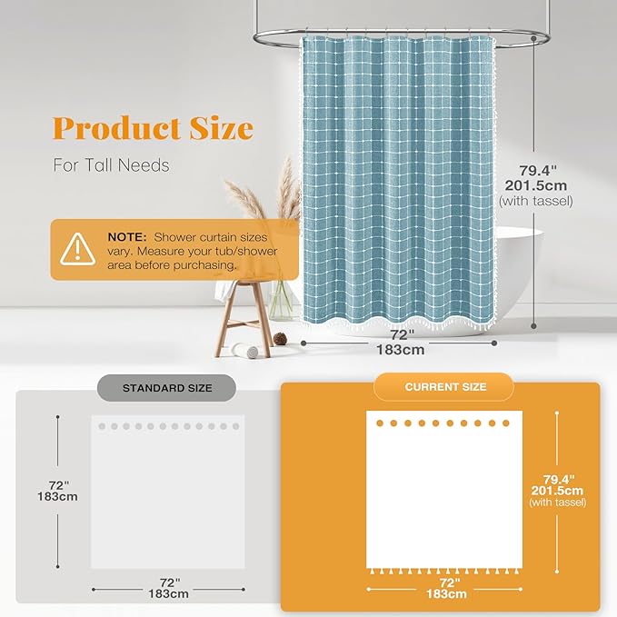 BTTN 78 Inch Long Shower Curtain, Boho Farmhouse Linen Ultra Thick Fabric Shower Curtain Set with Plastic Hooks, Tall Rustic Country Weighted Cloth Shower Curtains for Bathroom, Teal/Turquoise, 72x78