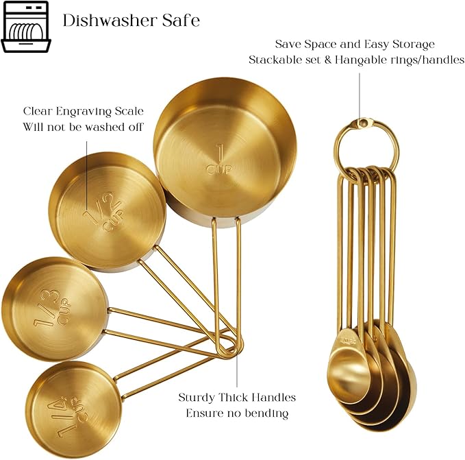 Golden 304 Stainless Steel Measuring Cups and Spoons Set,8PCS Stackable & Long Handle Fits Narrow Jars, Premium Gold Kitchen Accessories for Liquid & Dry Ingredients Baking Cooking, Durable&Rust-Proof