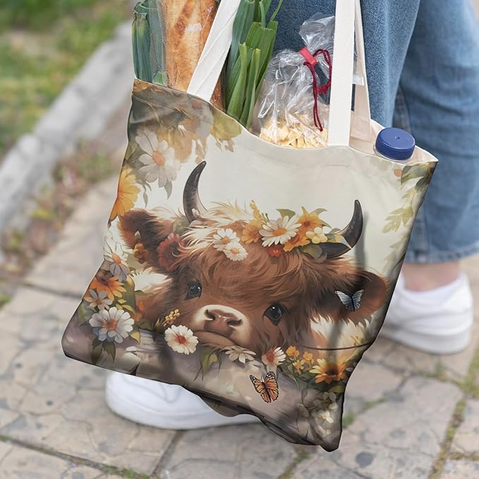 Western Highland Cow Canvas Tote Bag - Highland Cow Lover Gifts,Canvas Shoulder Bag for Women for Girls