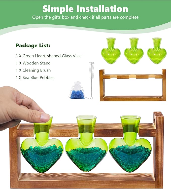Nacome Plant Terrarium for Office Decor: Birthday Gifts for Plant Lovers Women Mom Wife - Wooden Stand Tabletop Planter 3 Bulb Glass Vase Heart Shaped for Hydroponics Indoor Home(Green)