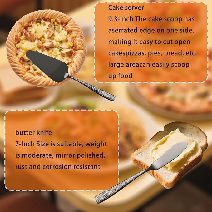 Large Hostess Serving Utensils Set, Stainless Steel Heavy Duty Hammered Serving spoons, Slotted Spoons, Serving Fork, Cake Server, Butter Knife, Dishwasher Safe（Black）