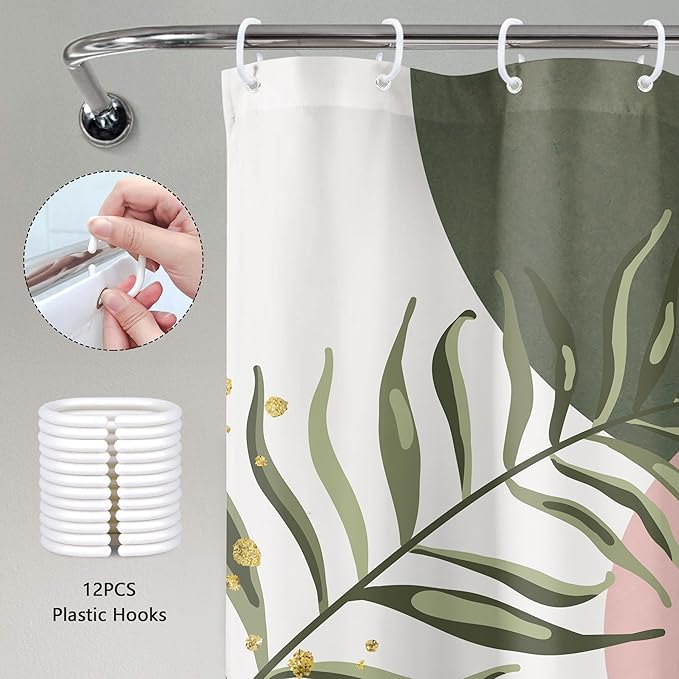 Pink Sage Green Boho Shower Curtain 60Wx72H Mid Century Modern Abstract Gold Leaves Plant Sun Bathroom Decor Minimalist Geometric Arch Line Aesthetic Bath Curtain Fabric Polyester 12 Pack Hooks