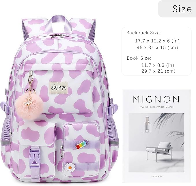 abshoo Big Student Laptop Backpack For College Women Middle High School Teen Girls Bookbag Travel Daypack (Cow Print Purple)