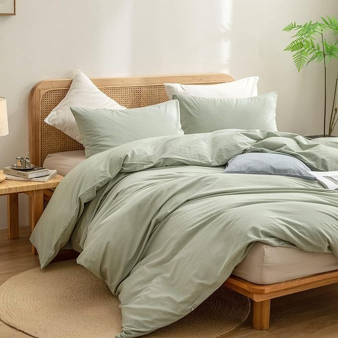 BESTOUCH Duvet Cover Set 100% Washed Cotton Linen Feel Super Soft Comfortable Chic Lightweight 3 PCs Home Bedding Set Solid Sage Green Oversized Full