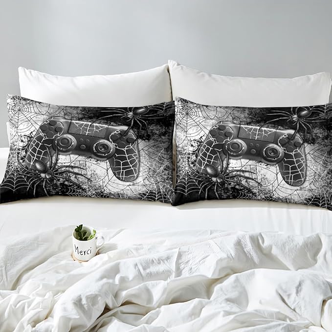 Boys Gamer Gamepad Duvet Cover Set Twin Size Kids Teen Man Gaming Theme Bedding Sets 2 Pcs for Room Decor, Fashion Spider Halloween Comforter Cover with 1 Pillowcase (No Comforter) Black Grey