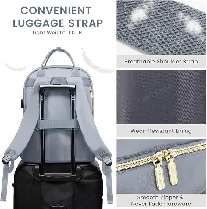 LOVEVOOK Laptop Backpack for Women, Water Resistant Travel Work Backpacks Purse Stylish Business Teacher Nurse Computer Bag with USB Charging Port,Gray