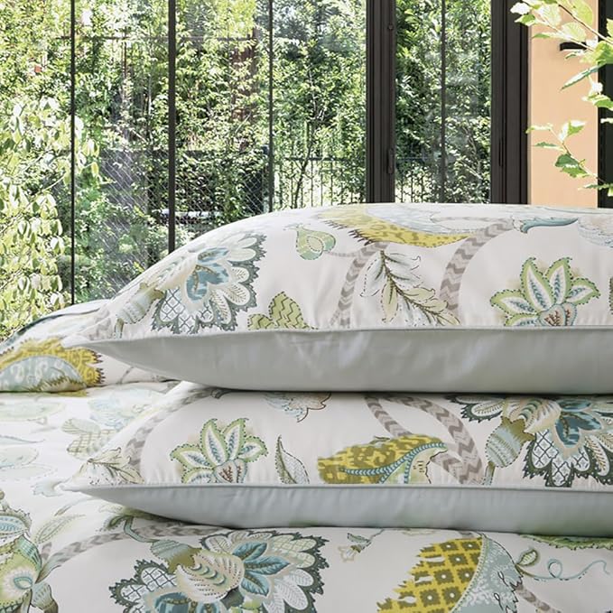 mixinni Cotton Print Paisley Duvet Cover for Queen Size Bed Green Floral Duvet Cover Set Reversible Design Blue Bedding Set 1 Duvet Cover 2 Pillowcases for Him and Her- (3pcs, Queen Size)