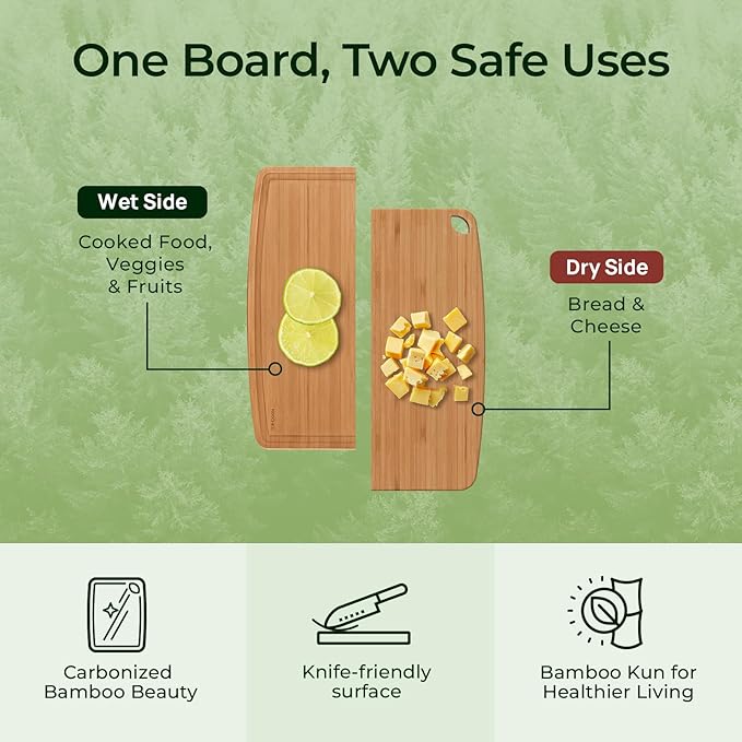 Dishwasher Safe Carbonized Bamboo Wood Cutting Boards for Kitchen with Juice Groove, Wooden Charcuterie & Chopping for Fruit, Vegetables & Cheese, Durable, Lightweight, Water-Resistant