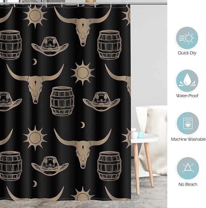 Aimego Western Bull Skull Shower Curtain - Black and Gold Cow Boho Southwest Cowboy Ethnic Tribal Country Farmhouse Fabric Cloth Shower Curtains Set with 12 Hooks for Bathroom Decor, 72"x72"