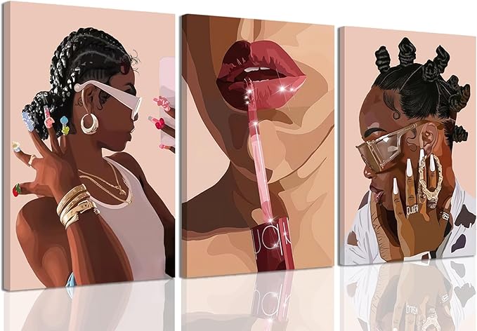 ANVOTIG Framed African American Black Girl Canvas Wall Art Set of 3 Fashion Black Women Wall Decor Pictures Hip Hop Sunglasses Jewelry Posters Prints Paintings for Home Living Room Bedroom16x24in