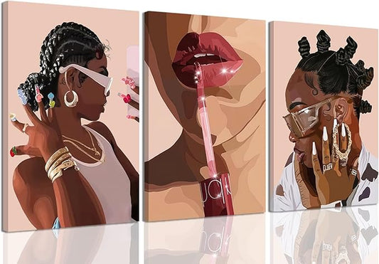 ANVOTIG Framed African American Black Girl Canvas Wall Art Set of 3 Fashion Black Women Wall Decor Pictures Hip Hop Sunglasses Jewelry Posters Prints Paintings for Home Living Room Bedroom 12x16in