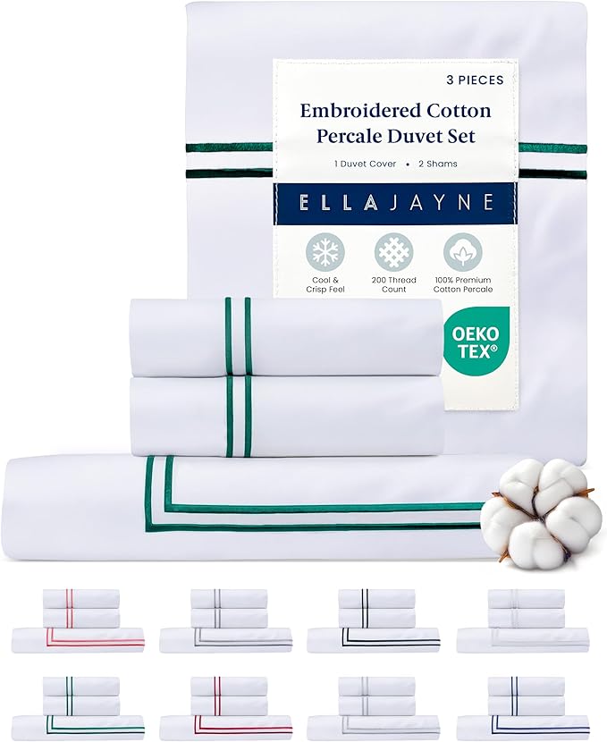 Ella Jayne Duvet Cover Queen Size (3 Pcs), 100% Cotton Percale, Full/Queen, Soft, Breathable & Lightweight, Including Duvet Cover (1 Piece) 90 x 90 Inches with 2 Pillow Shams (Dark Green Design)