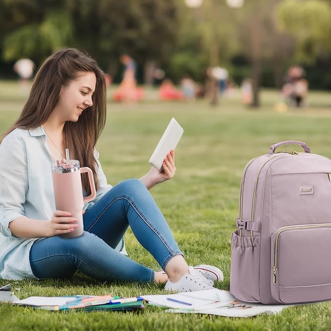 LOVEVOOK Laptop Backpack for Women with Pouch Pocket for Large Capacity Cup,18 Inch Laptop Computer Bag Travel Backpack Purse,Waterproof Work Business Backpack College Teacher Bags,Grayish Purple